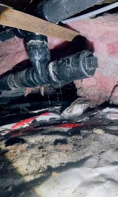 Close-up of plumbing pipes in an attic or crawl space area, with insulation and debris around.