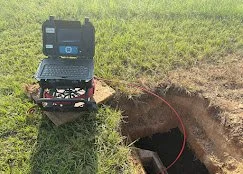 A black protective case surrounding a drone with a camera, positioned on a grassy area near a large hole or excavation in the ground with a red cable or wire running into it.