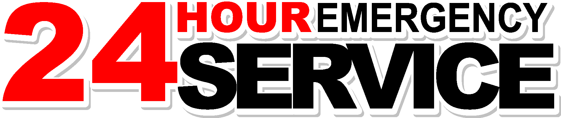 24-hour emergency service logo in red, black, and white with text