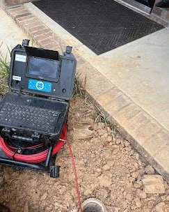 A piece of testing equipment connected to a ground rod in a dirt area near a concrete sidewalk and entryway mat.