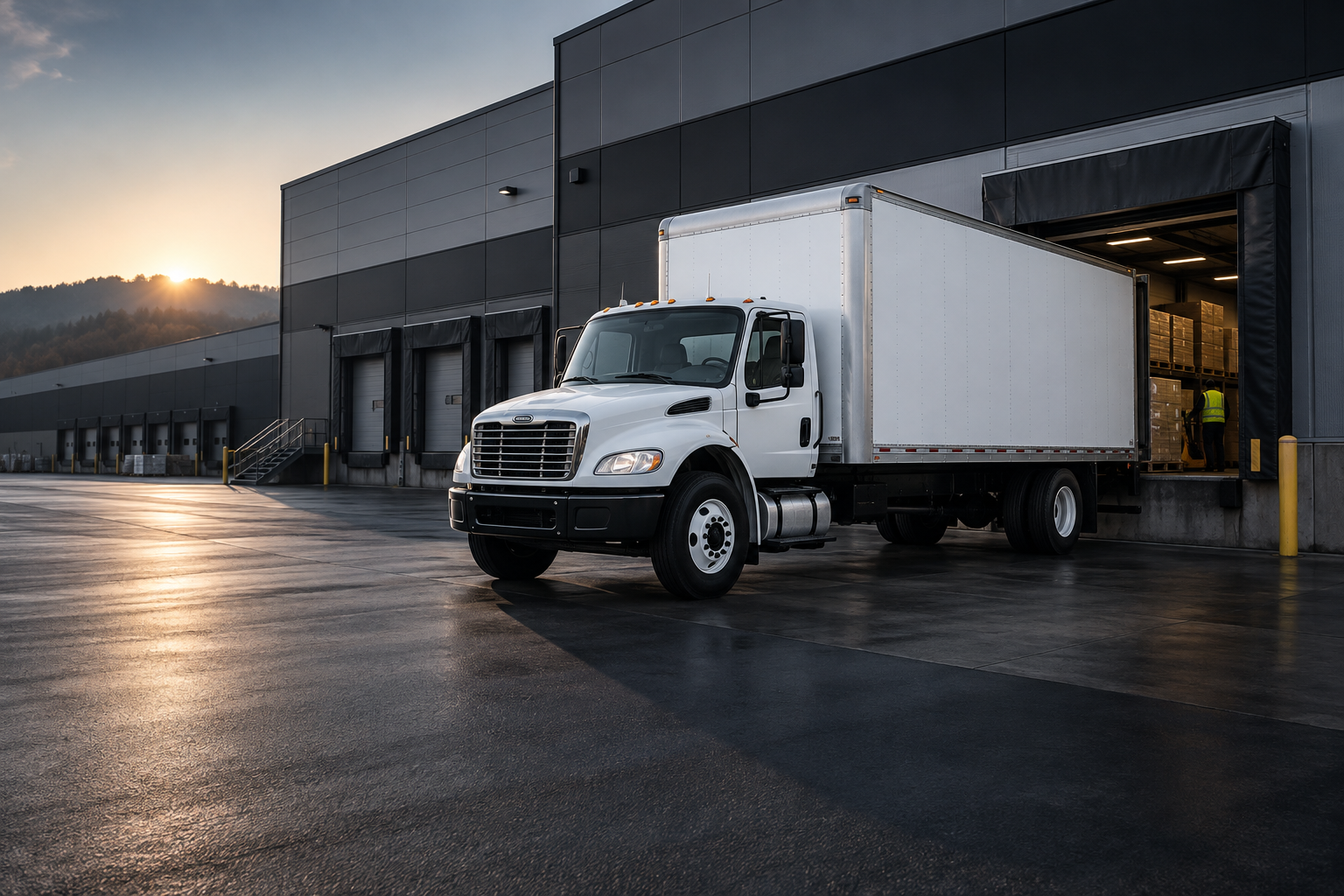 White 26-foot box truck backed into a commercial freight dock for nationwide shipping