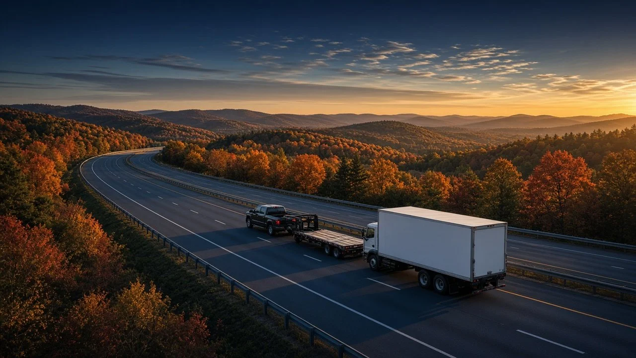 White box truck and a pickup pulling a gooseneck trailer on an autumn interstate at sunset