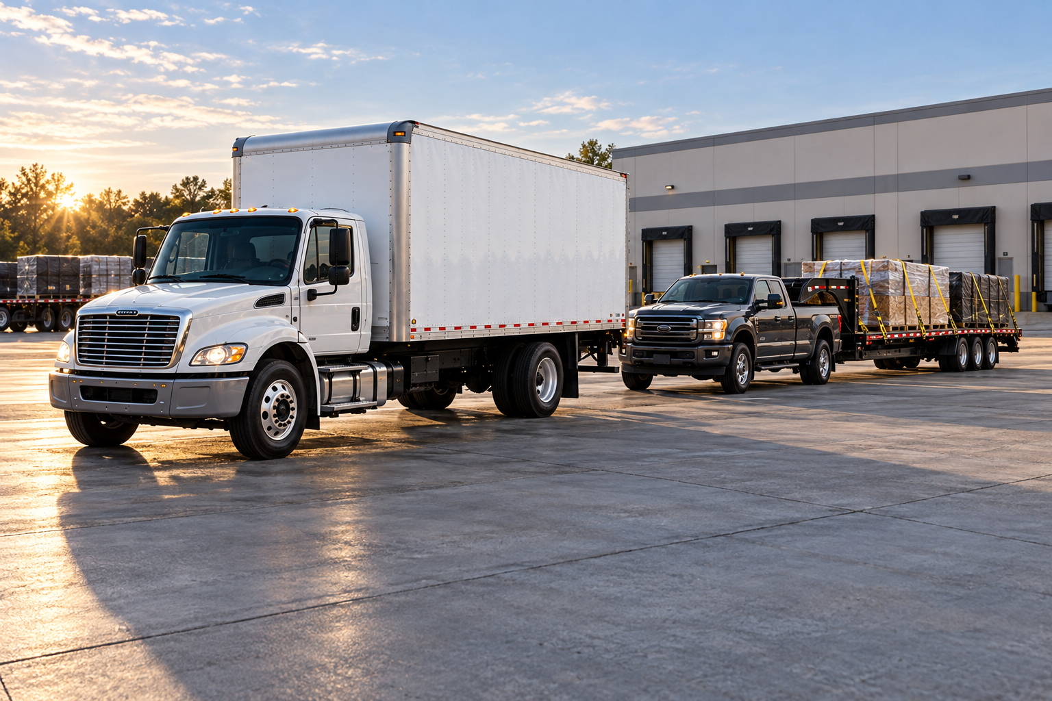 White 26-foot box truck and pickup with secured open-deck trailer at a commercial freight yard