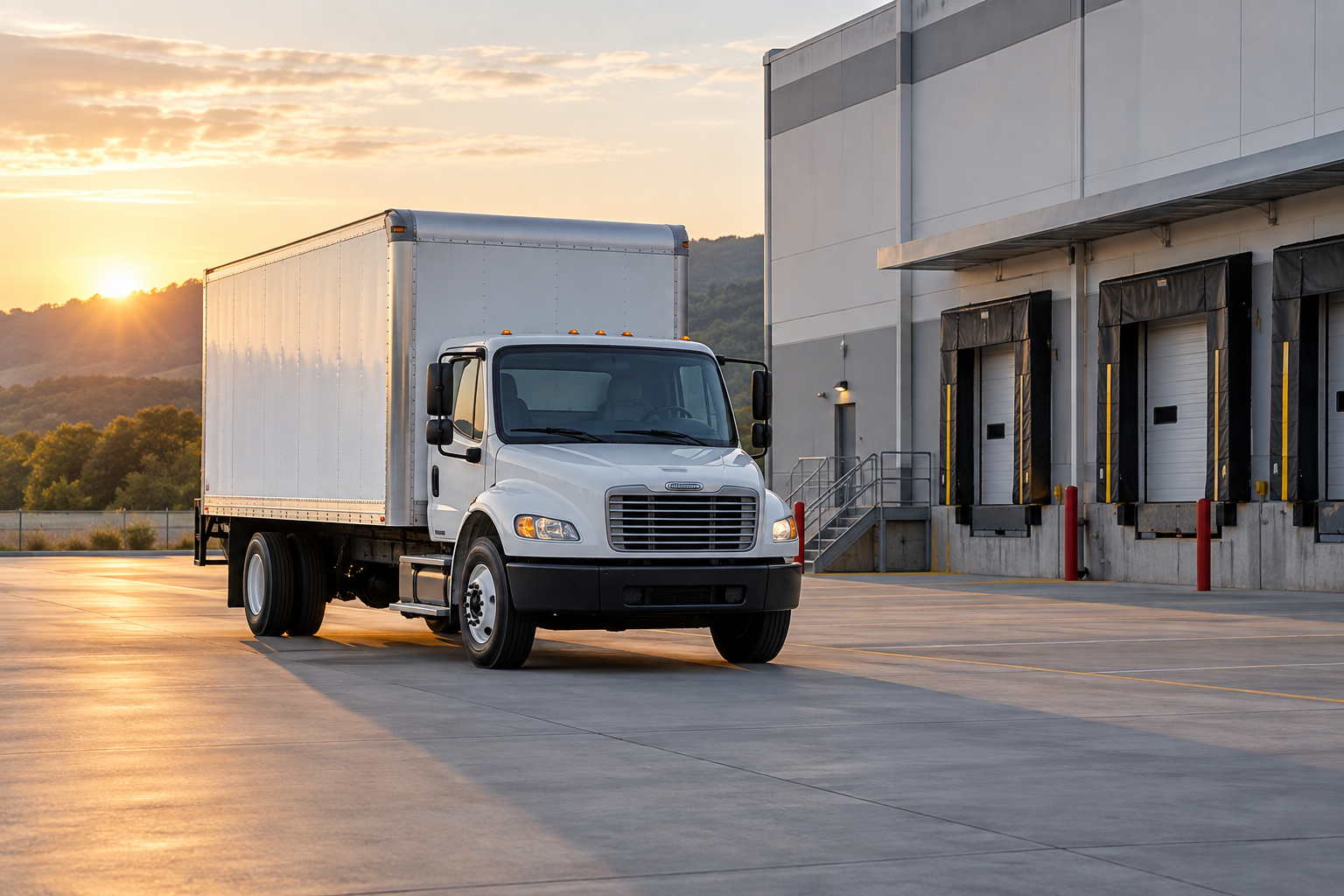 White delivery truck parked outside a loading dock building during sunset.
