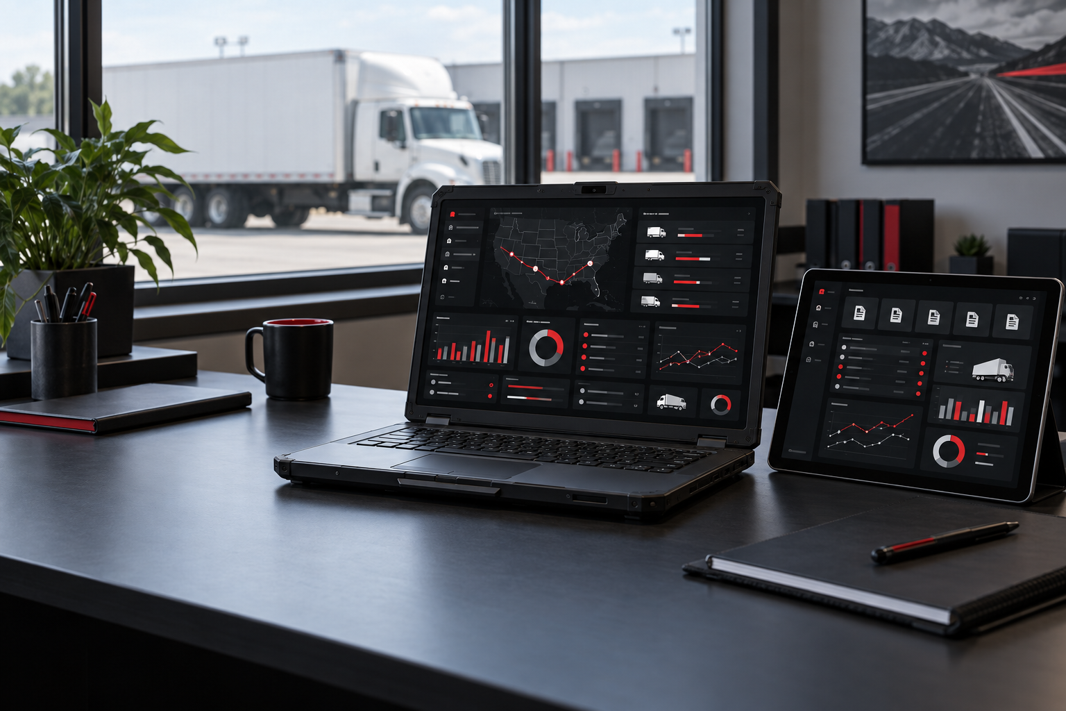 CarrierOS trucking management dashboard on laptop and tablet