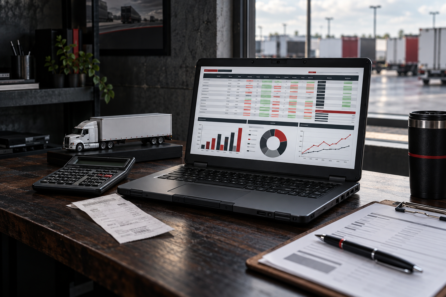 Load Profit and Cost-per-Mile spreadsheet tracker on a carrier laptop