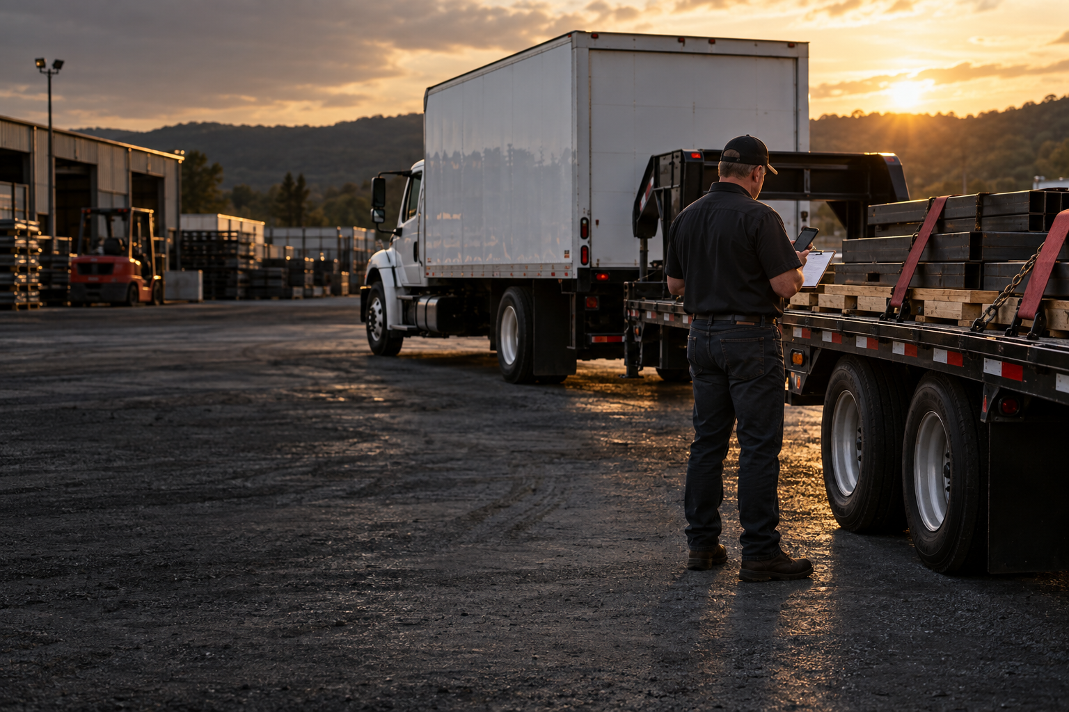 Owner-led load check beside box truck and open-deck trailer