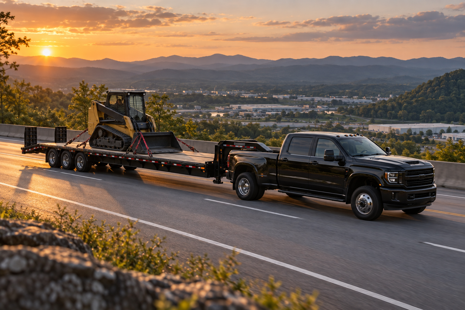 Black pickup hauling secured open-deck freight through Tennessee at sunset