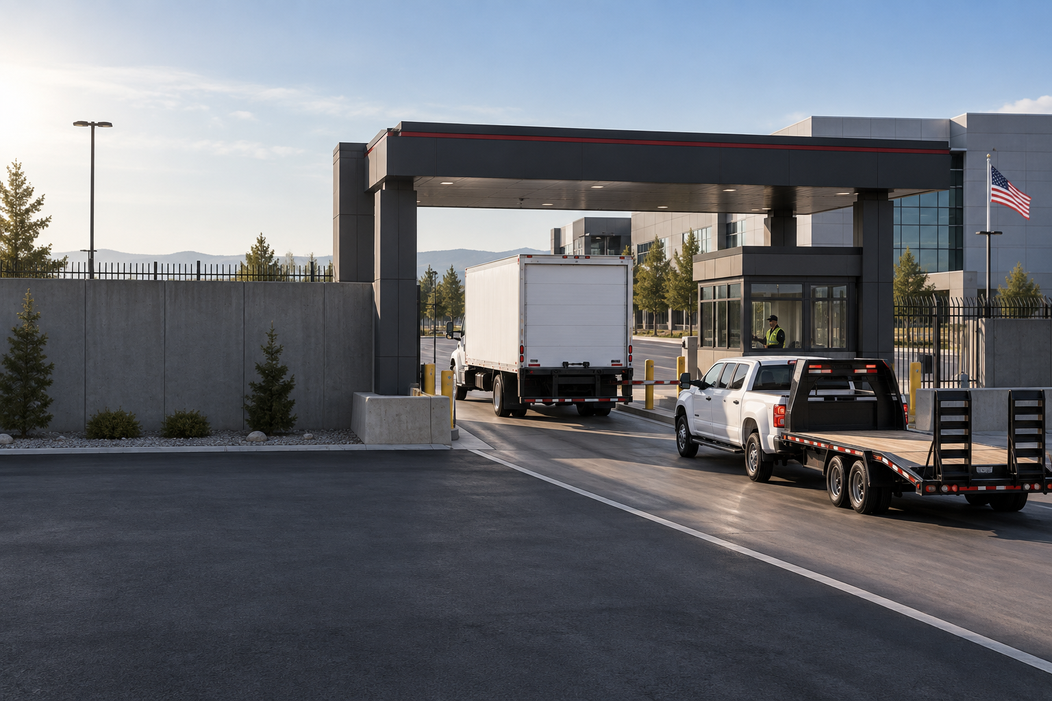 Box truck and open-deck trailer entering a secure government logistics facility