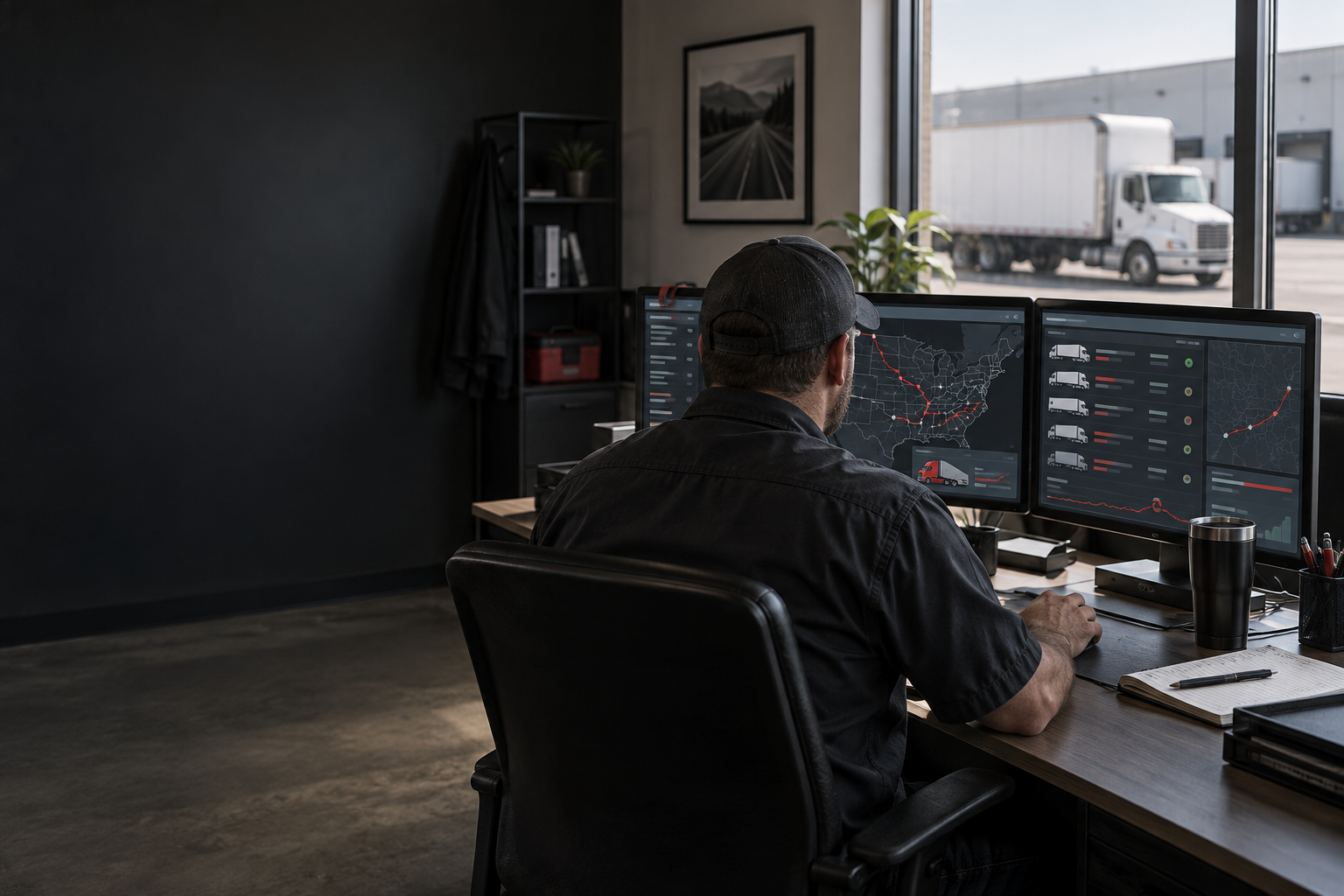 Owner-dispatcher managing routes, broker communication, and truck status