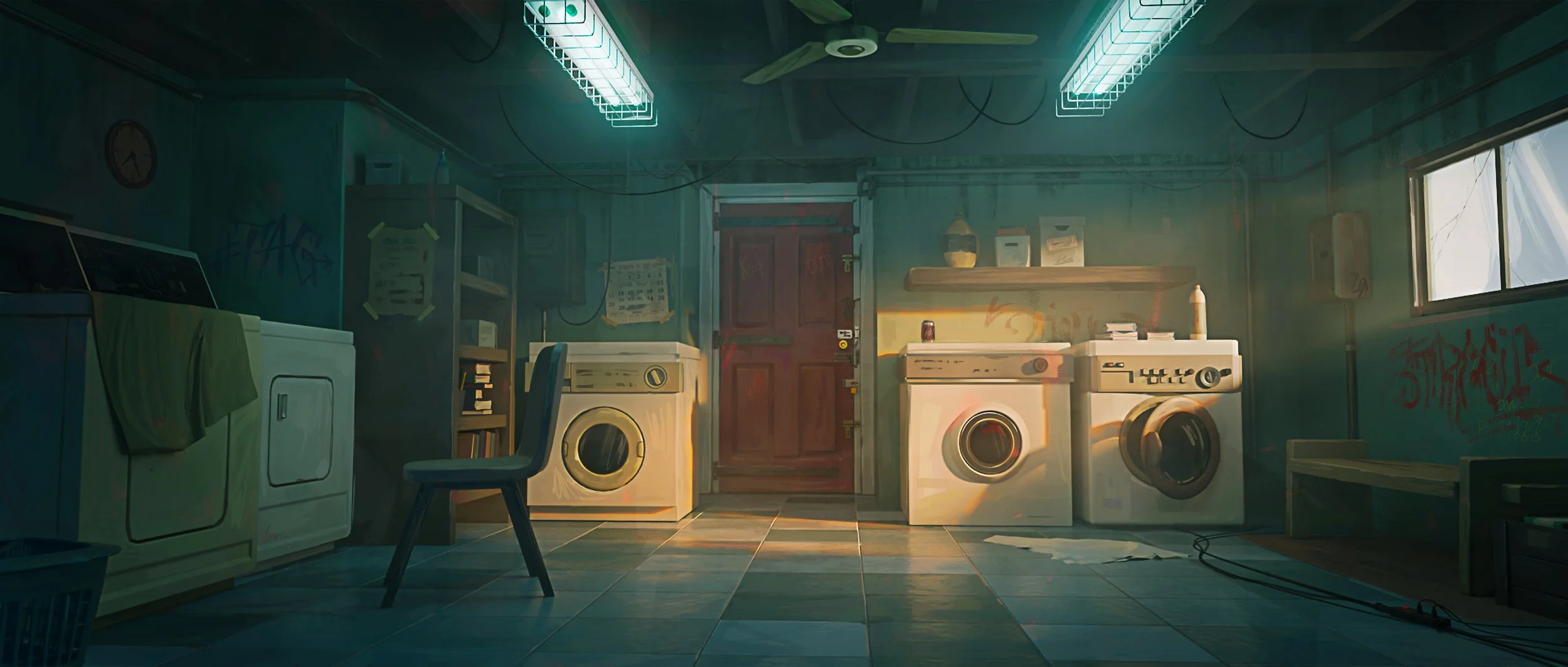 For this personal piece I was inspired by the book "14" by Peter Clines.  In it, they describe a mysterious laundry room for an apartment building in LA. It is described as  a  laundry area with mismatched machines, damp, somewhat musty, fluorescent 
