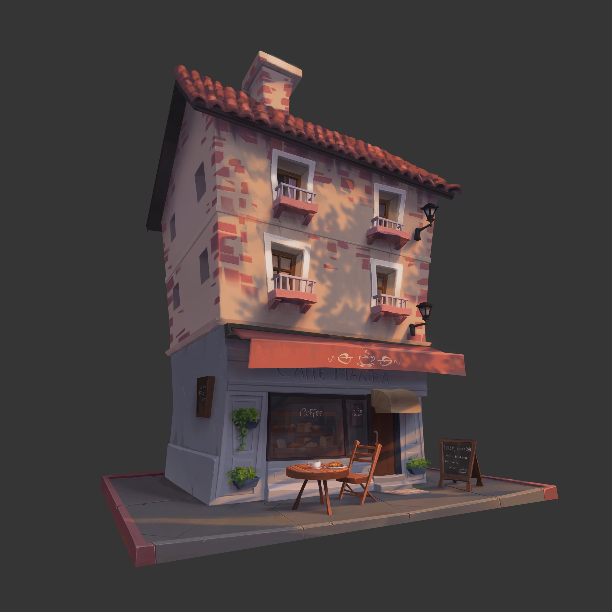 One of my favorite things to do is to go with someone to get coffee! 
I  wanted to make a personal piece with a stylized and cozy feeling. After doing some exploration doodles on my sketchbook I did a very rough base on Blender and used that for the 