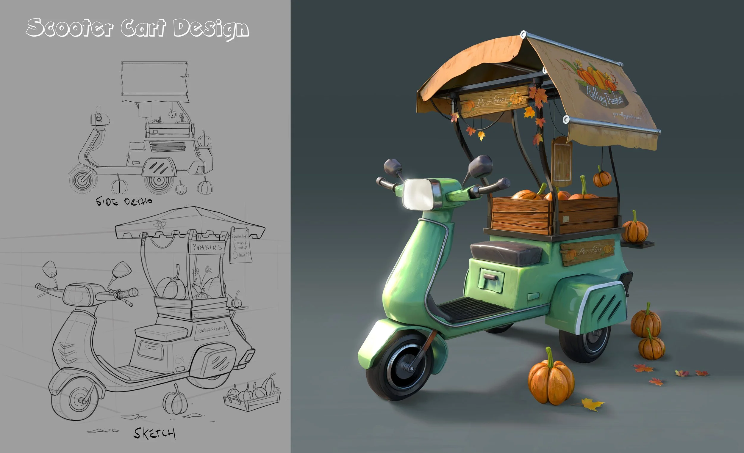 A stylized scooter cart design I made for fun.  I made a few 2D sketches, then I chose one and modeled it in Blender. I added some surfacing in Blender as well but later I painted over and added details in Photoshop