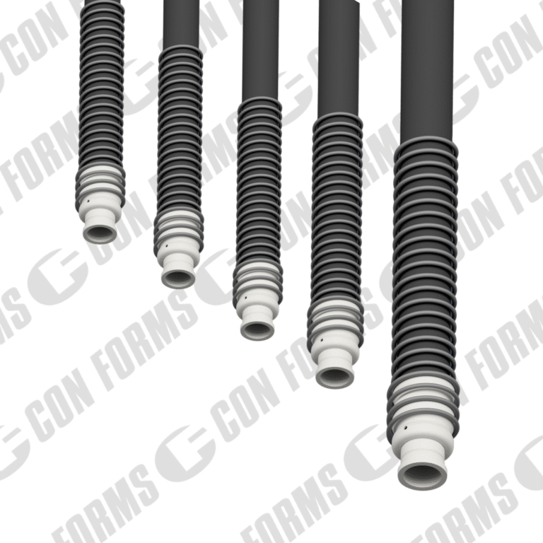 Close-up of several concrete pumping hoses with anti-kink ends