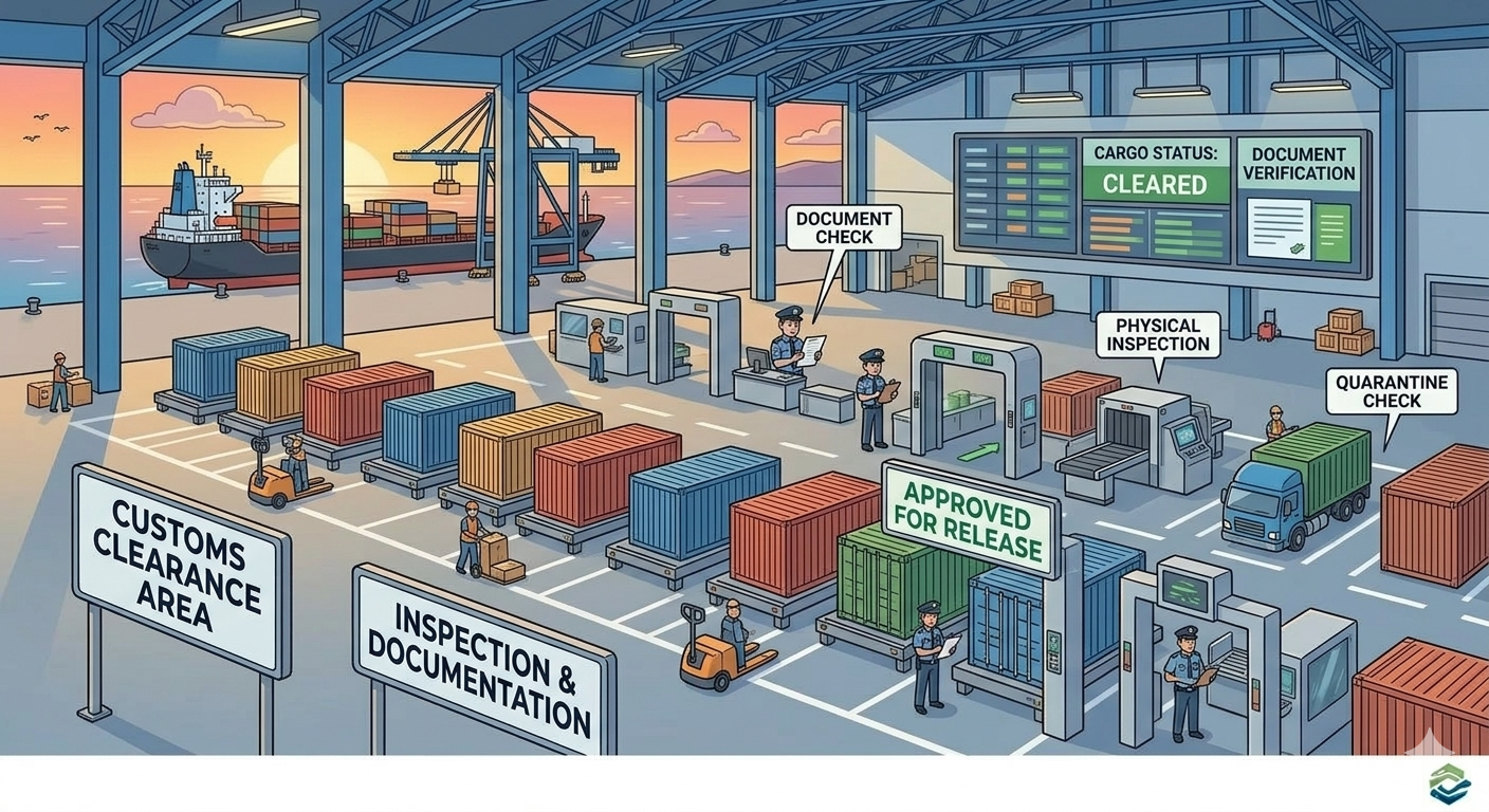 A busy port with ships, shipping containers, and security checkpoints. Workers inspect and approve cargo, and signs label the area as customs clearance and inspection zone.