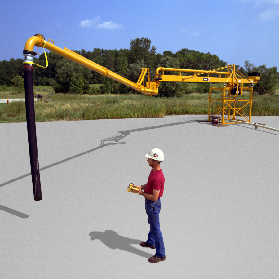 Concrete pumping deck placer shown fully extended with a concrete pumping tip hose attached