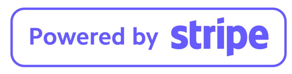 A rectangular sign with rounded corners, purple border, white background, and bold purple text that reads 'Powered by stripe'.