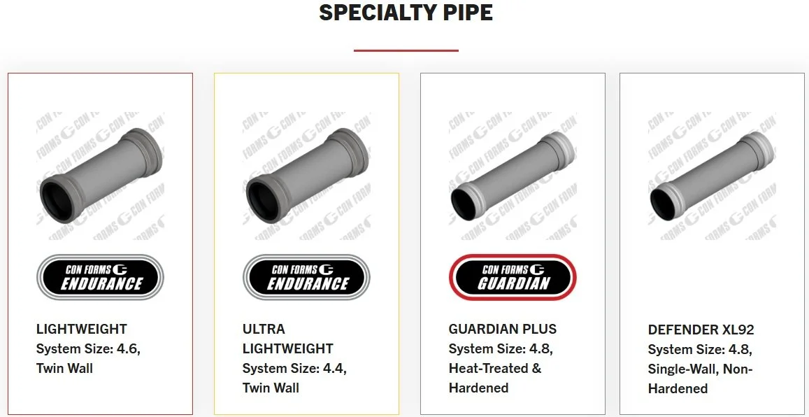 Comparison chart of four types of specialty concrete pumping pipes,  labeled as endurance, ultra lightweight, guardian plus, and defender XL92, with specifications 