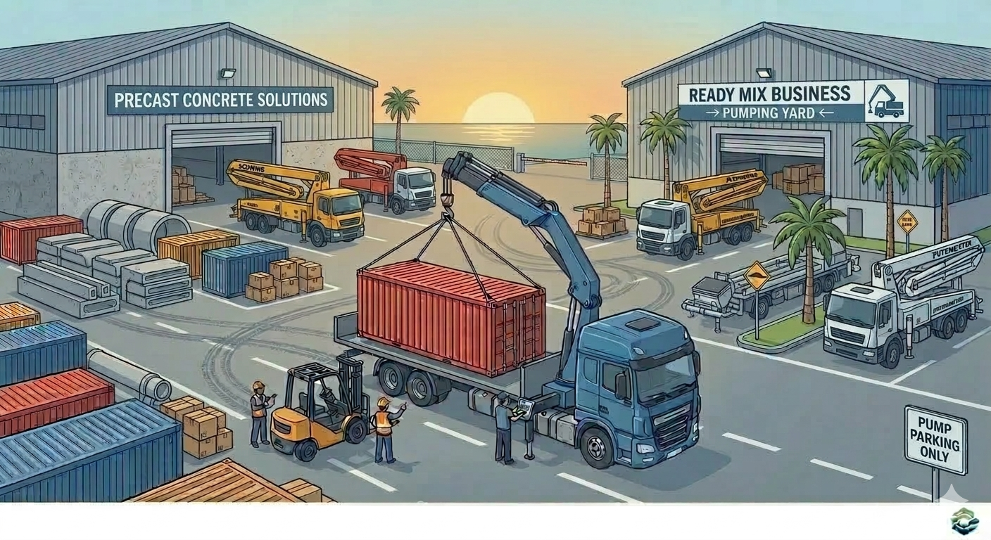 Illustration of a busy warehouse with trucks, containers, and forklifts during sunset, featuring signs that say 'Precast Concrete Solutions' and 'Ready Mix Business' with a pumping yard, palm trees, and workers operating machinery.