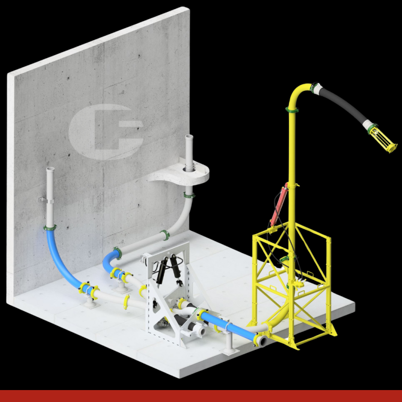 A typical set up for a high pressure line used on high rise jobs showcasing multiple Con Forms items such as clamps, blowout tower, diversion valves, high pressure pipes and elbows.