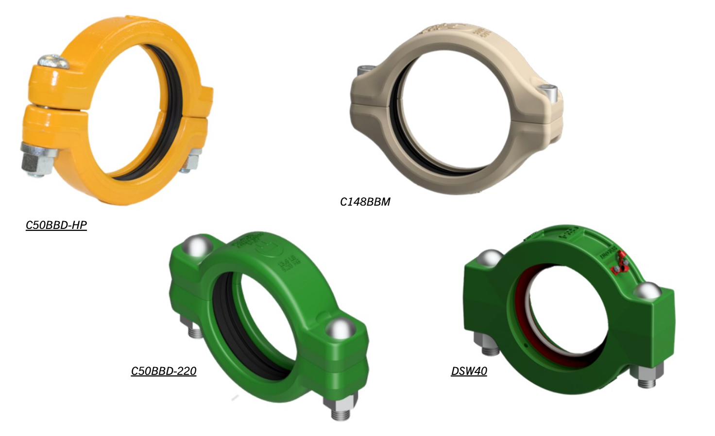 Four different types of 2 bolt snap clamps showcasing metric and HD couplings