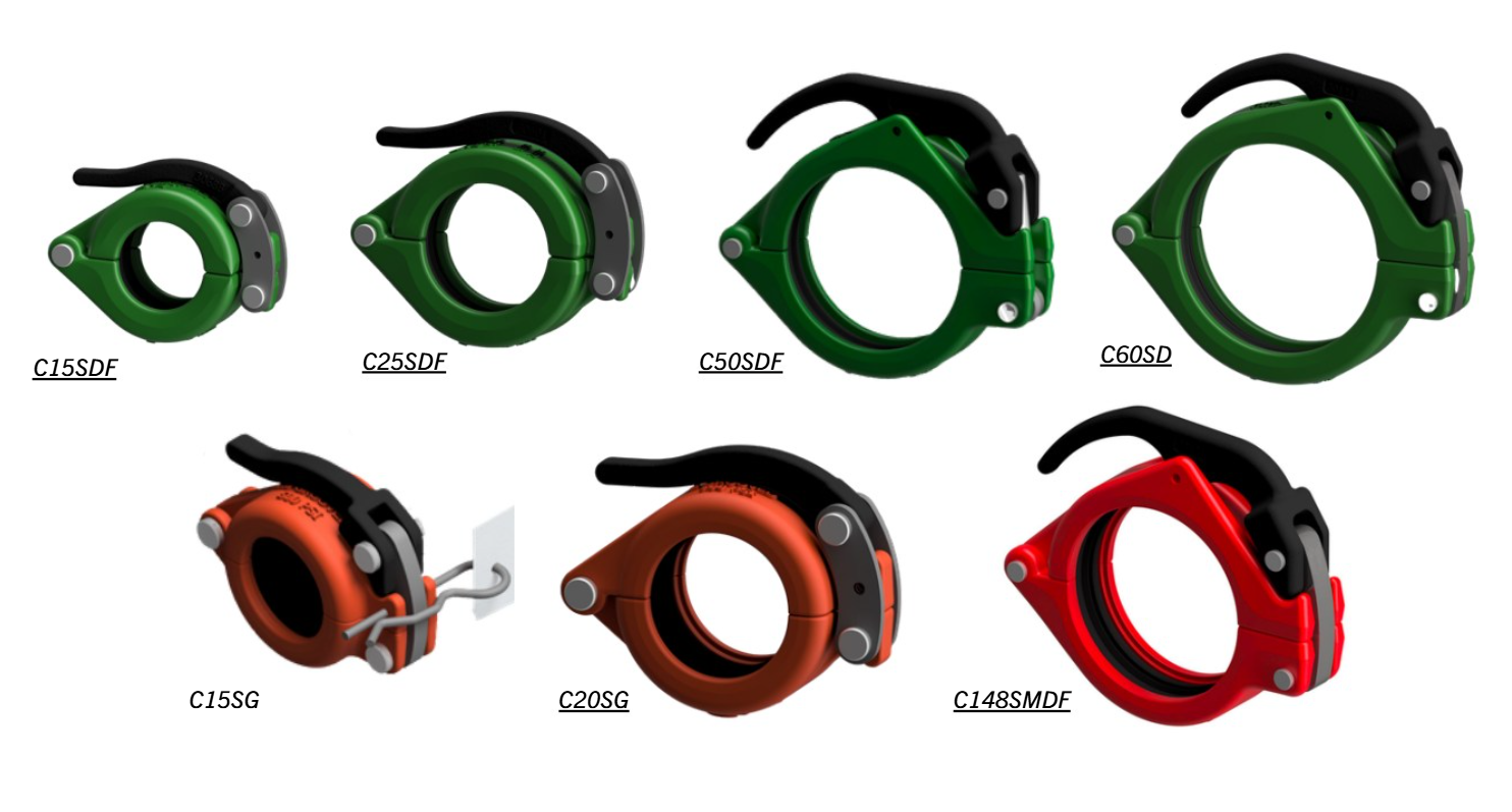 Set of concrete 2 bolt couplings, snap clamps, labelled C15SDF, C25SDF, C50SDF, C60SD, C15SG, C20SG, and C148SMD.