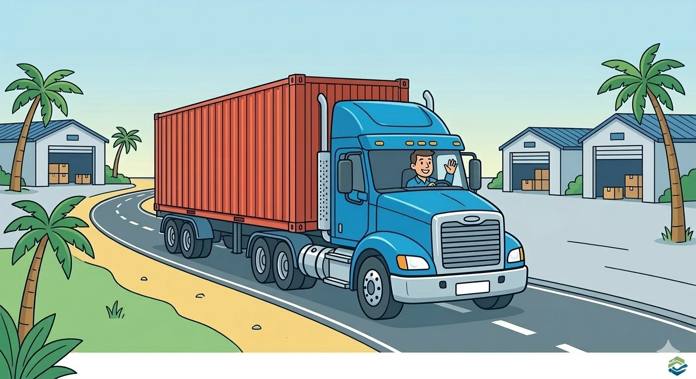 A happy truck driver waving from a blue semi-truck on a curved road with palm trees and warehouse buildings in the background.