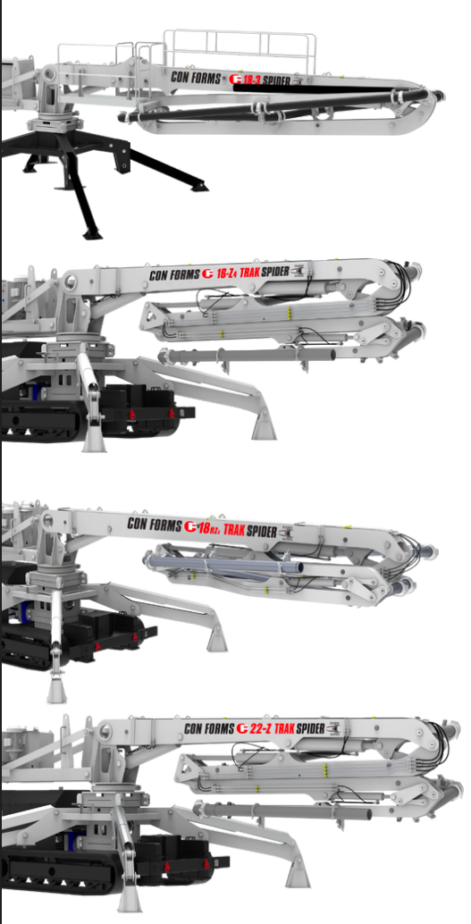 Image shows 4 types of concrete pumping spider places, both tack mounted and non track mounted.