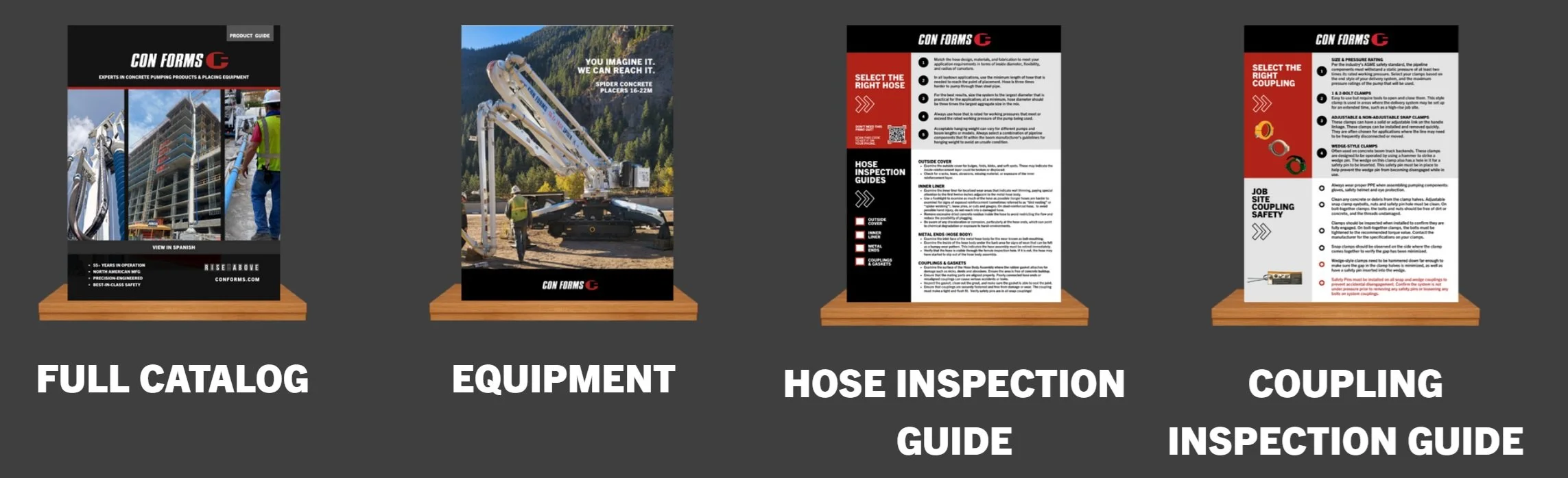Display of four poster boards with different content related to construction equipment and processes, labeled from left to right as Full Catalog, Equipment, Hose Inspection Guide, and Coupling Inspection Guide.