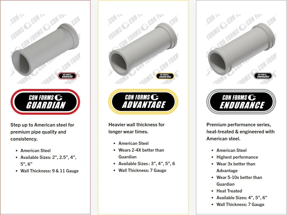 Comparison chart of three types of specialty concrete pumping laydown pipes,  labeled as endurance, advantage, and guardian, with specifications