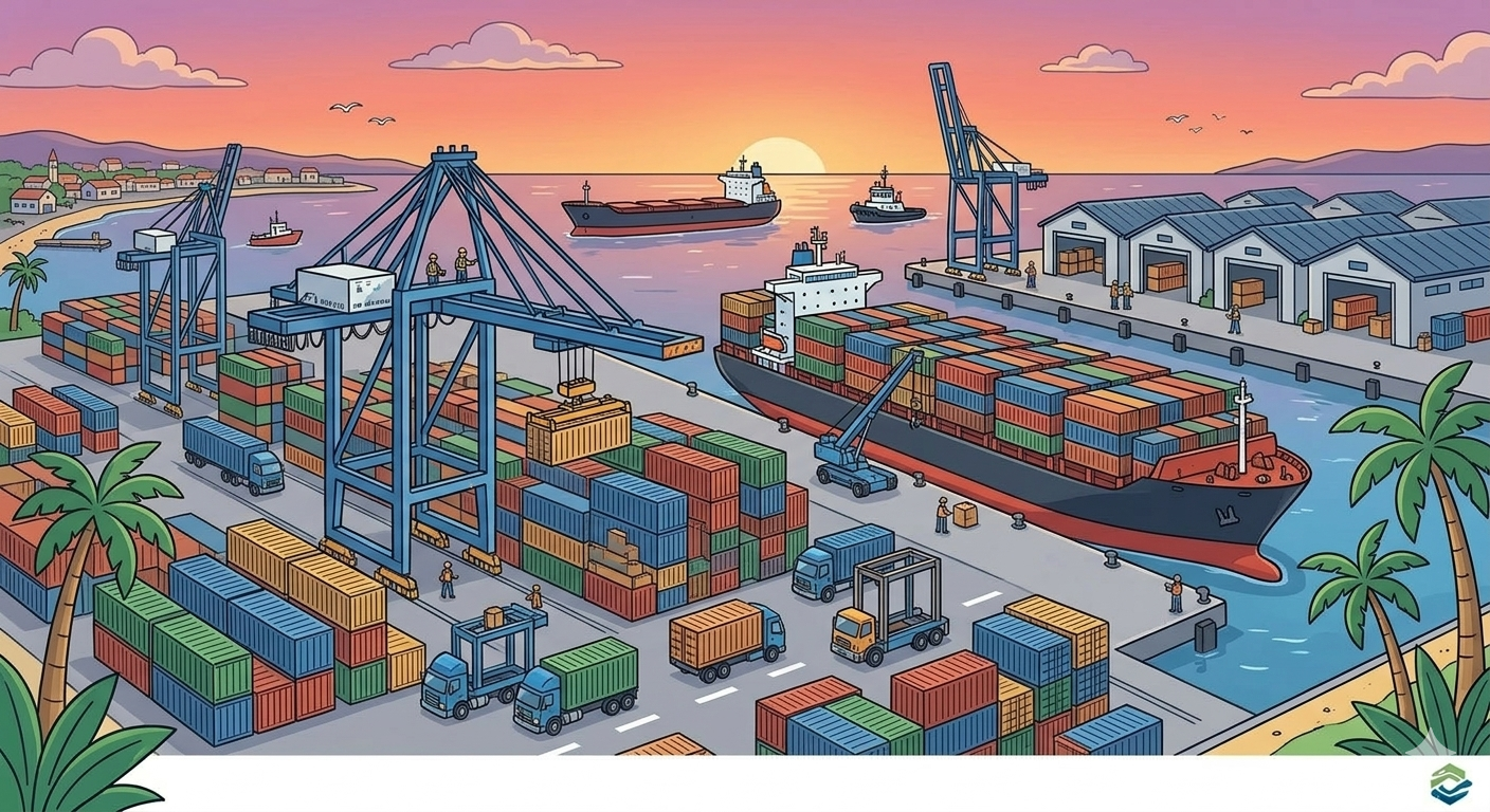 Illustration of a busy port at sunset with shipping containers, cranes, trucks, and cargo ships exporting and importing goods.