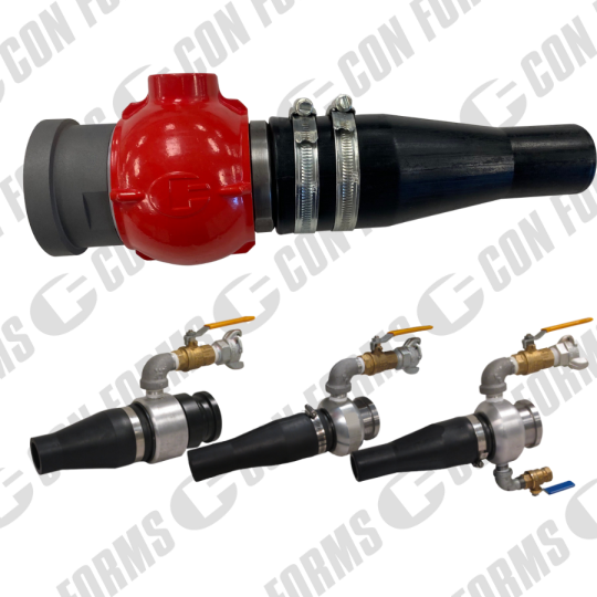 A selection of concrete pumping or gunite or shotcrete nozzles with different sizes and intakes.