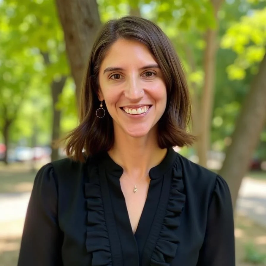 A photo of BenSim Law founding partner Jacqueline Simonovich. A woman with shoulder-length brown hair, smiling, standing outdoors with green trees and sunlight in the background.