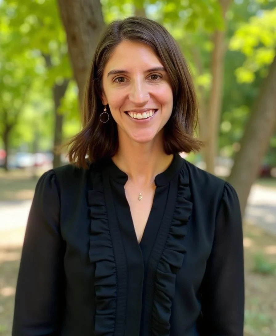 A photo of BenSim Law founding partner Jacqueline Simonovich. A woman with shoulder-length brown hair, smiling, standing outdoors with green trees and sunlight in the background.