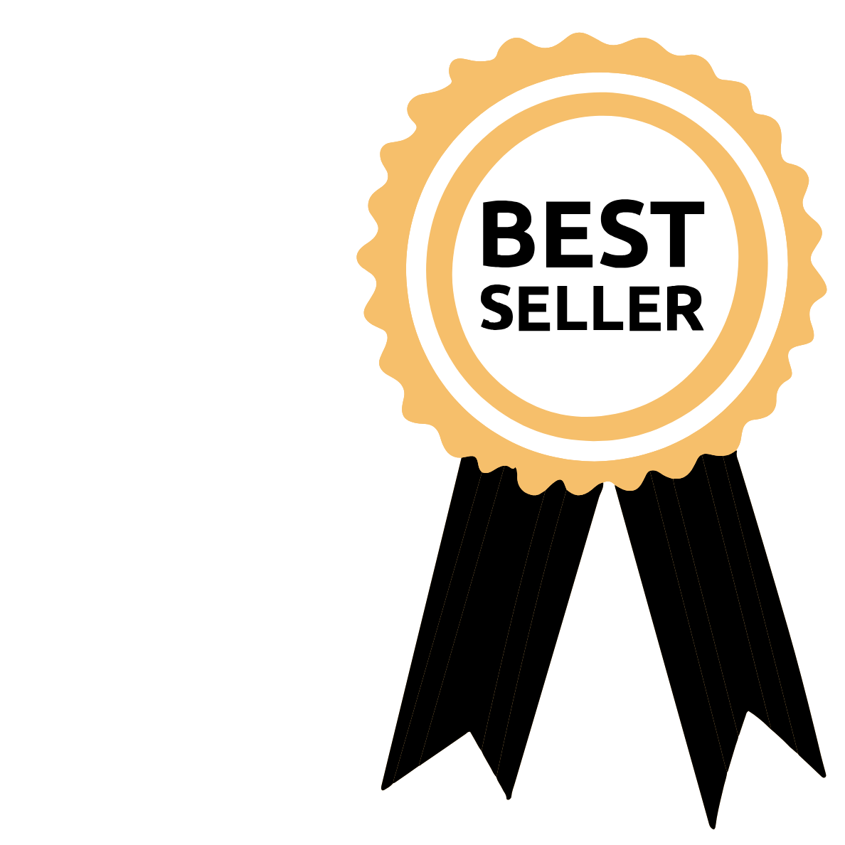 Une médaille dorée avec un ruban noir portant l'inscription 'Best Seller'.