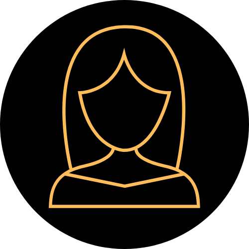 Icône minimaliste d'une femme avec des cheveux longs, représentée par des lignes dorées sur fond noir.