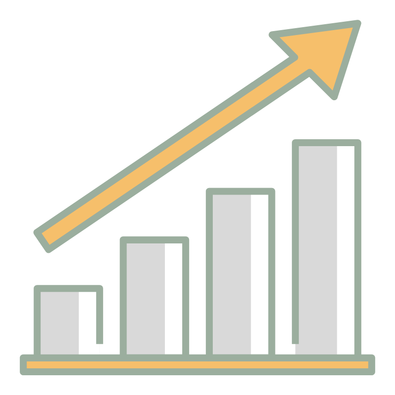 Graphique avec barres ascendantes et flèche pointant vers le haut, représentant une croissance ou une progression.