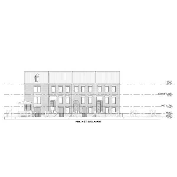Blueprint of the Pitkin St. elevation for the 125 Charlotte Townhomes