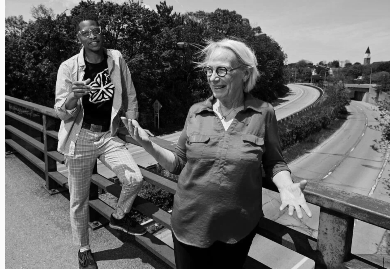 Hinge Home co-founders, Suzanne Mayer and Shawn Dunwoody, pictured above the Inner Loop in Rochester, NY