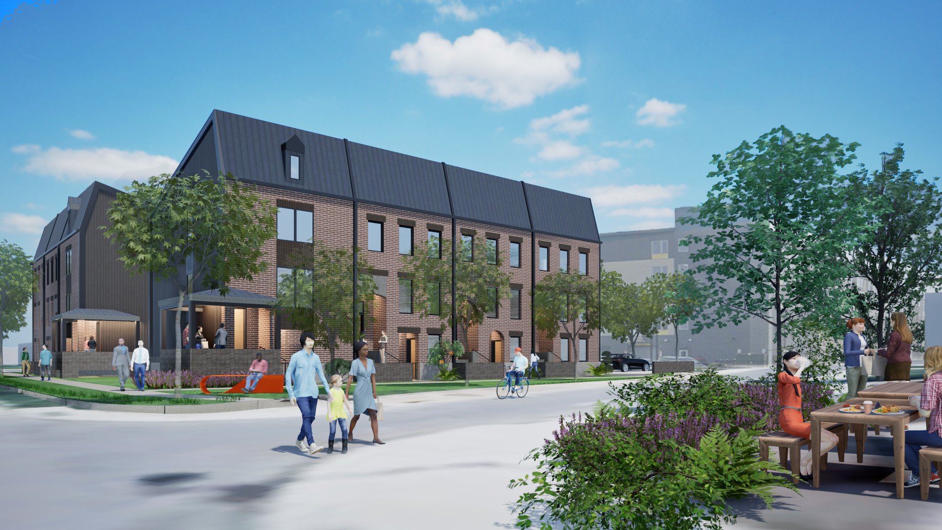 Rendering of the exterior of 125 Charlotte Street with a family walking to Ugly Duck Coffee