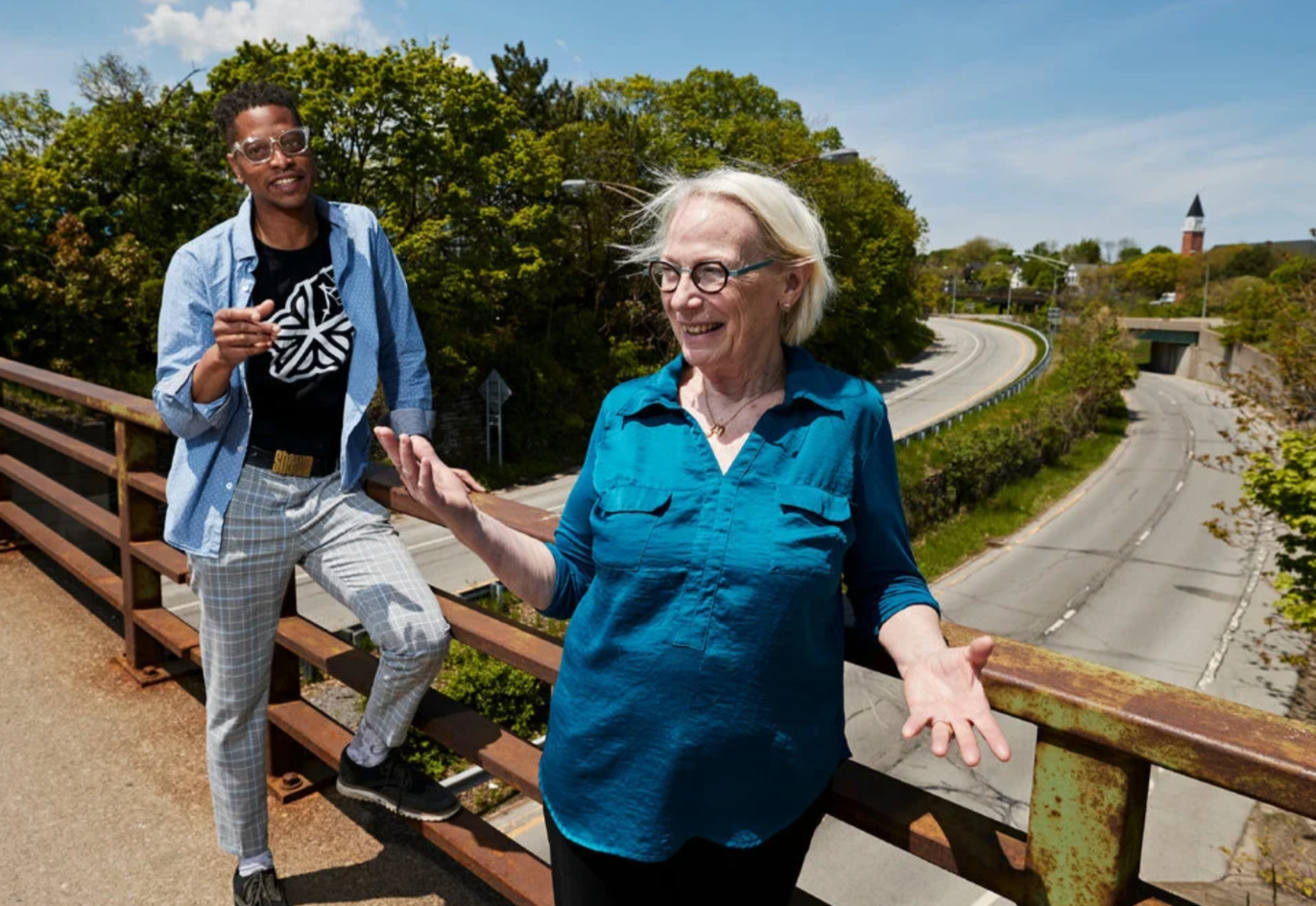 Image of Shawn Dunwoody and Suzanne Mayer standing above the Inner Loop in Rochester, NY