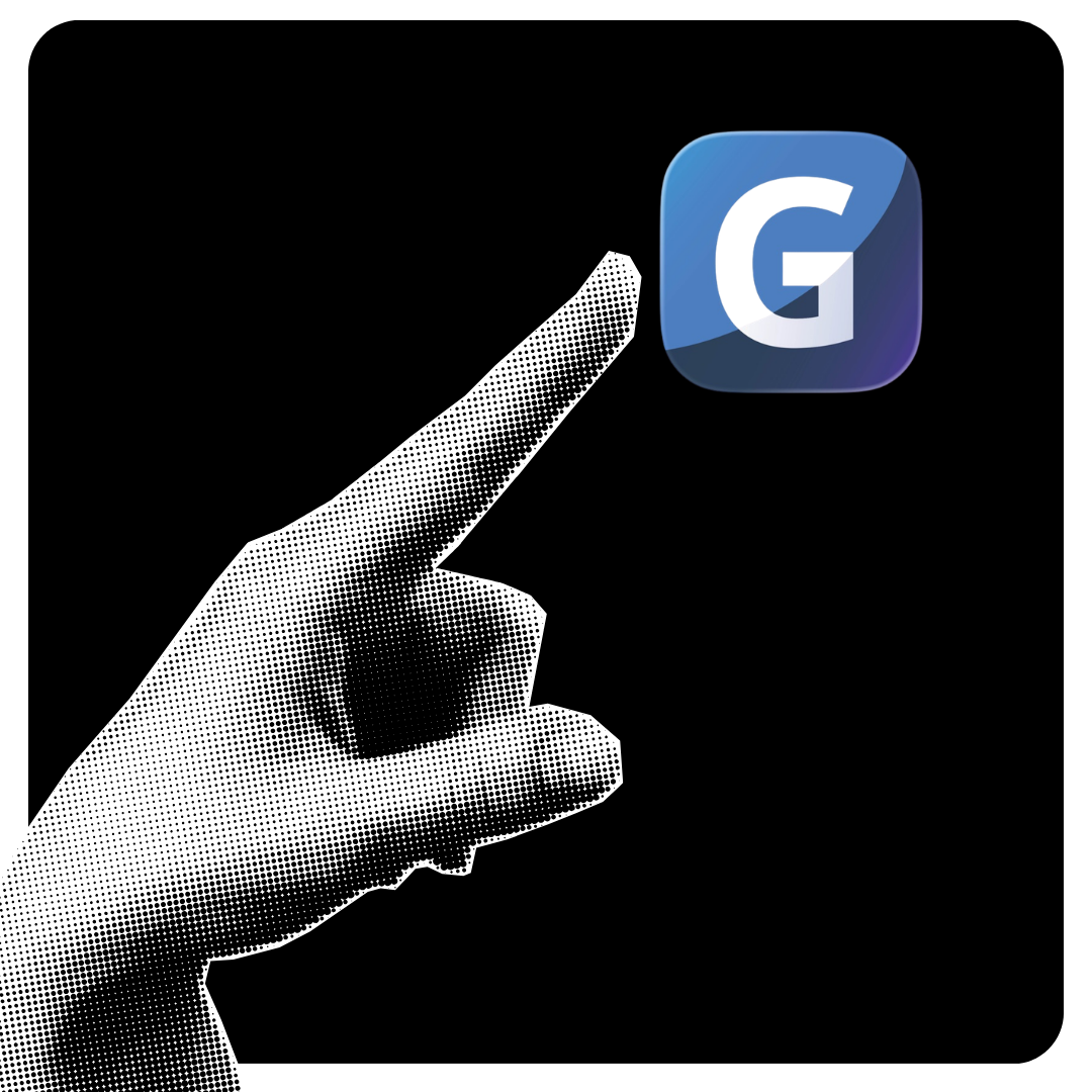 A stylized black-and-white dotted illustration of a hand pointing upward with the index finger extended, with a blue app icon featuring a white G at the tip of the finger.