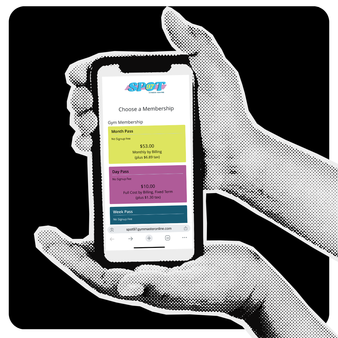 A black and white dotted illustration of a hand holding a smartphone, displaying a gym membership options page with three plans: Month Pass, Day Pass, and Week Pass.