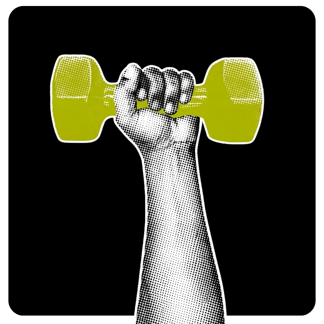 A stylized black and white dotted illustration of a hand gripping a yellow dumbbell against a black background.