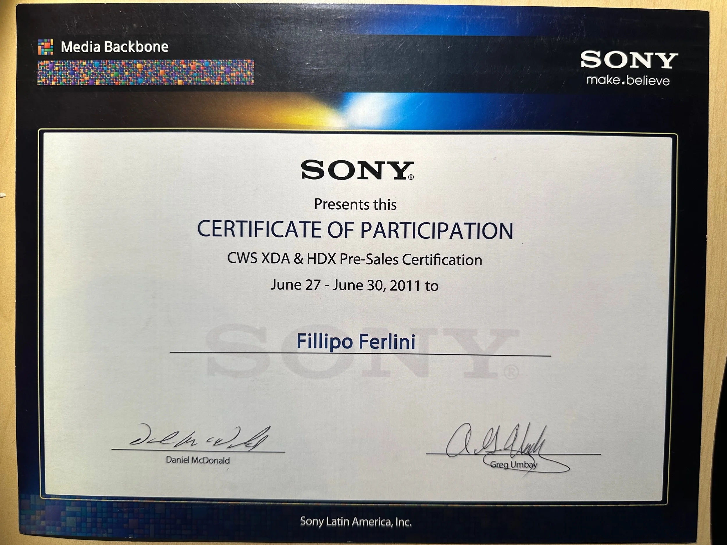 Certificate of participation from Sony, awarded to Fillipo Ferlini for CWS XDA and HDX Pre-Sales Certification, dated June 27 to June 30, 2011, signed by Daniel McDonald and Greg Umbay.