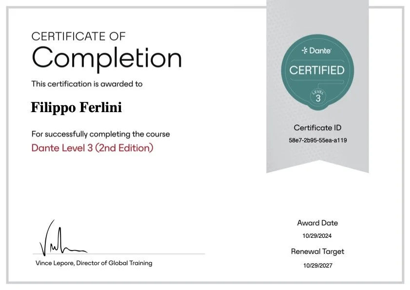 Certificate of completion awarded to Filippo Ferlini for successfully completing Dante Level 3 (2nd Edition) course, dated October 29, 2024.