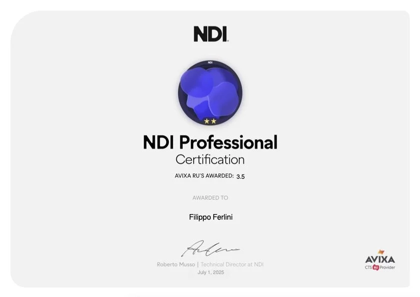 NDI Professional Certification awarded to Filippo Ferlin by AVIXA, dated July 1, 2025, signed by Roberto Musso.