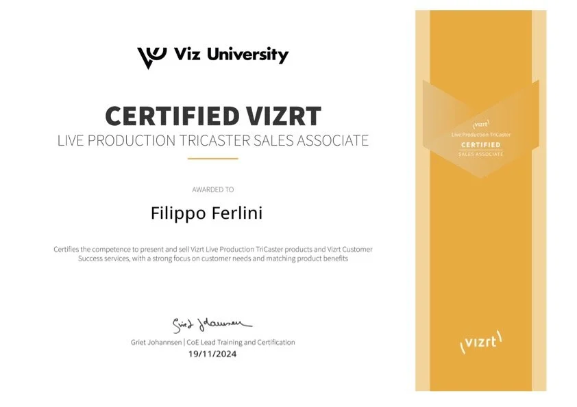 Vizrt certification awarded to Filippo Ferlini for Live Production Tricaster Sales Associate, with signature and date of 19/11/2024.