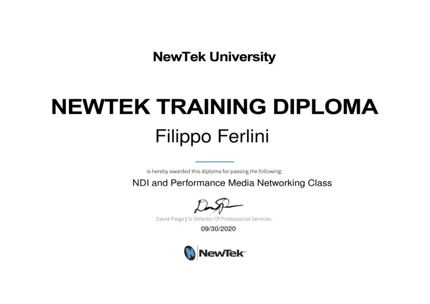 Diploma from NewTek University awarded to Filippo Ferlini for completing a media networking class, signed by David Paige, dated 09/30/2020.