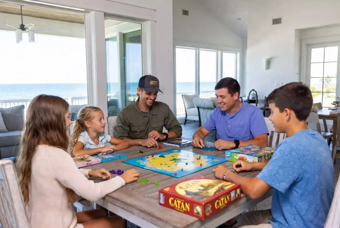 A group of six people, including children and adults, playing the board game Catan at a dining table in a bright room with large windows and a view of the ocean.
